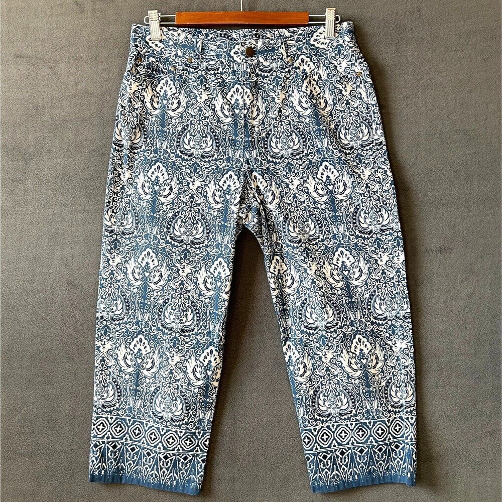 Ralph Lauren Paisley Cotton Stretch Pants Women's 8 Blue White Cropped